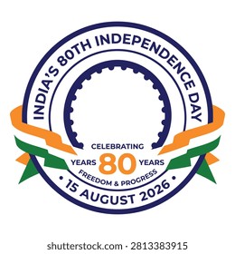 Circular vector graphic illustration celebrating India 80th independence day on fifteen august twenty twenty six with patriotic tricolor ribbon design