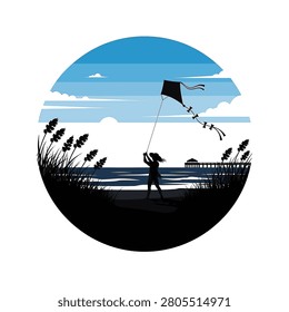 Circular vector graphic illustration featuring a silhouette of a person flying a kite on a beach, including coastal sea oats, ocean waves, a distant pier, and a blue sky background.
