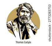 Circular vector graphic illustration of Thomas Carlyle. Modern stylized portrait of the Scottish author known for his "Great Man" theory and historical works. Perfect for educational, literary, and historical projects