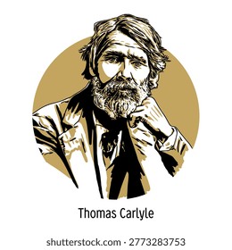 Circular vector graphic illustration of Thomas Carlyle. Modern stylized portrait of the Scottish author known for his 
