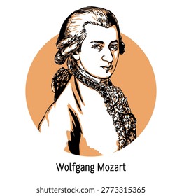 Circular vector graphic illustration of Wolfgang Amadeus Mozart. Modern stylized portrait of the Austrian musical genius and child prodigy. Perfect for music, history, and educational designs