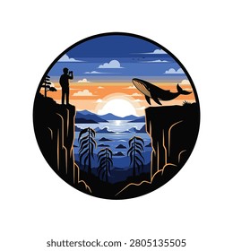 Circular vector graphic showing a silhouette of a person on a cliff with binoculars watching a humpback whale leap over the ocean during a vibrant sunset and mountain backdrop.