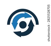 A circular vector icon featuring dark and light blue arrows rotating around a central dot with an overarching curve, symbolizing process, synchronization, or recycling.