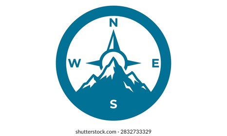 A circular vector icon featuring a stylized mountain range integrated with a compass symbol representing direction and adventure.