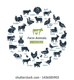 Circular Vector Icon Set In A Flat Style Of Farm Animals Silhouettes. Circular Concept Of Farm Animals. With Place For Text.