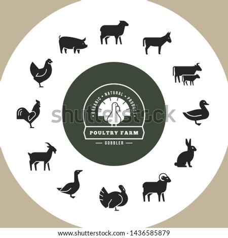 Circular vector icon set in a flat style of farm animals silhouettes. Circular concept of farm animals. With place for text. Icons isolated in white background.