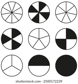 Circular vector icons. Geometric pie charts. Black and white symbols. Minimalistic graphic elements.