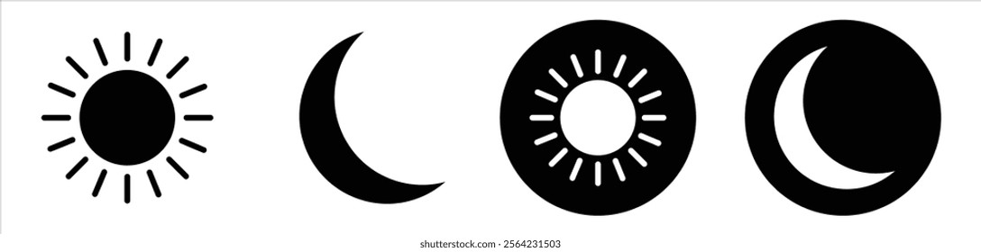 Circular vector icons of sun and moon for light and dark mode applications. Ideal for day-night toggles, brightness controls, and interface elements in mobile apps, websites, and modern UI design.