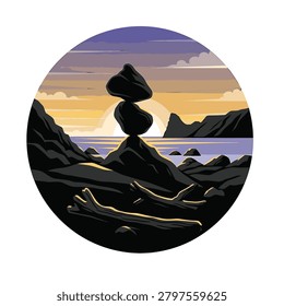 Circular vector illustration of a balanced rock cairn on a rocky shoreline during sunset with mountains in the background, featuring purple and orange sky over a calm sea.