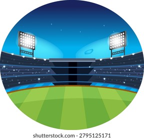 A circular vector illustration of a cricket stadium at night with bright floodlights illuminating grass