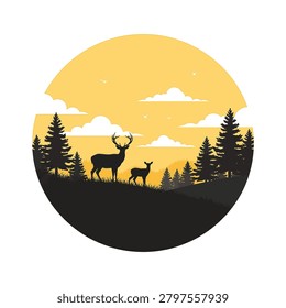 Circular vector illustration featuring black silhouettes of a stag and doe in a pine forest landscape against a yellow sunset sky with clouds and birds on white background.