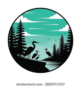 Circular vector illustration featuring black silhouettes of herons standing by a river bank surrounded by pine trees under a teal sky with clouds and small flying birds.
