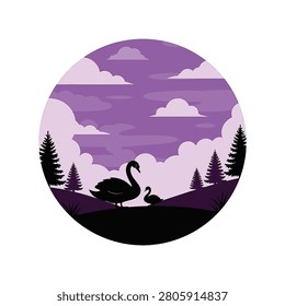 Circular vector illustration featuring black silhouettes of an adult swan and cygnet in a purple layered landscape with pine trees and clouds on a white background.