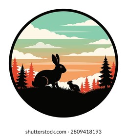 Circular vector illustration featuring black silhouettes of a rabbit and its young offspring in a forest landscape with pine trees against a teal and orange sunset sky with clouds.