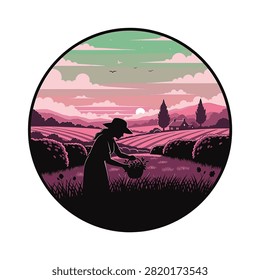 Circular vector illustration featuring a female silhouette wearing a sun hat harvesting crops in a farm field at sunset with rolling hills, a rural cottage, and a pink pastel sky.