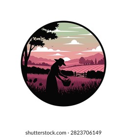 Circular vector illustration featuring a female farmer silhouette picking crops in a rural field during sunset, with rolling hills, a farmhouse, and trees in a pink and green color palette.