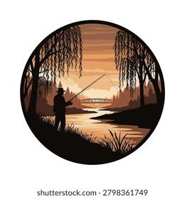 Circular vector illustration featuring a fisherman's silhouette casting a rod by a riverbank at sunset with willow trees, a distant bridge, and a forest background in sepia tones.