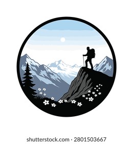 Circular vector illustration featuring a hiker silhouette with a backpack and trekking poles on a mountain cliff overlooking snow-capped peaks, pine trees, and wildflowers.