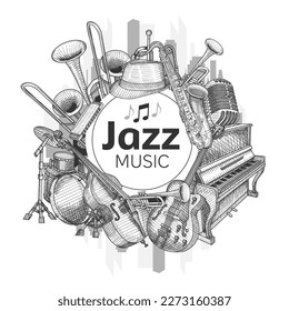 Circular vector illustration featuring music and jazz themes in black and white retro engraving style. The intricate line work and shading create a vintage look, perfect for jazz enthusiasts and music