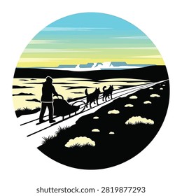 Circular vector illustration featuring a silhouette of a person mushing a dog sled with two huskies across a snowy arctic landscape under a teal and yellow sunrise sky.