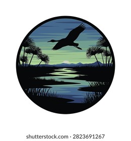 Circular vector illustration featuring a silhouette of a crane flying over a winding river at sunset, with palm trees, marsh grass, and distant mountains in a blue and green landscape.