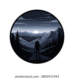 Circular vector illustration featuring a silhouetted hiker with backpack and trekking poles on a mountain trail overlooking a distant city under a starry night sky and full moon.