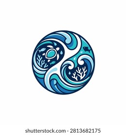 A circular vector illustration featuring stylized blue ocean waves, a sea turtle, and coral reef elements in a balanced, artistic composition.