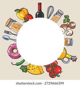 Una Ilustración vectorial circular con una variedad de alimentos y utensilios de cocina, incluyendo botellas de vino, pimientos, tomates, queso, champiñones, donas, frascos y utensilios como batidores, tenedores y cucharas. El centro se deja en blanco para texto o Imágenes personalizables, lo que lo hace ideal para menús, ilustraciones de recetas o diseños de temática culinaria.