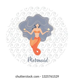 Circular vector illustration of a meditating mermaid with flowing hair at the bottom of the ocean with shells in her hands. Against the background of the marine pattern. Mermaid lettering.