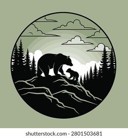 Circular vector illustration of a mother bear and cub silhouette standing on a rocky mountain ridge with pine trees, clouds, and layered landscape background in green.