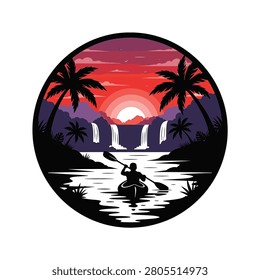Circular vector illustration of a person kayaking on a river at sunset, featuring black silhouettes of palm trees, tropical waterfalls, and a vibrant purple-orange gradient sky backdrop.