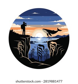 Circular vector illustration of a photographer silhouette on a cliff edge observing a breaching whale in the ocean during sunset with underwater kelp and clouds.