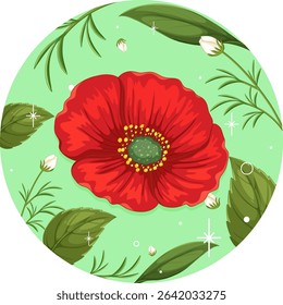 Circular vector illustration of a red flower surrounded by green leaves on a light green background, featuring a whimsical style