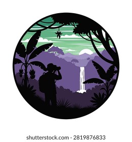 Circular vector illustration showing a silhouette of a hiker with binoculars and backpack overlooking a tropical jungle landscape with mountains, waterfall, and sunset sky.
