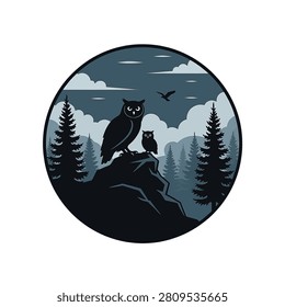 Circular vector illustration of two owl silhouettes perched on a rocky cliff overlooking a pine forest and mountain range under a cloudy sky with a flying bird.