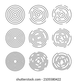 Circular vector lines, circle concentric pattern design. Round graphic black ripple background. Abstract geometric vortex ring shapes.Radial center minimal spirals on white.Dynamic simple radius burst