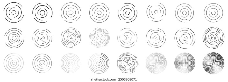 Circular vector lines, circle concentric pattern design. Abstract geometric vortex ring shapes. Broken circles. Vortex geometric sonar. Design graphic circles on white background. Eps file 72.