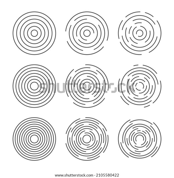 Circular vector lines, circle concentric pattern\
design. Round graphic black ripple background. Abstract geometric\
vortex ring shapes.Radial center minimal spirals on white.Dynamic\
simple radius burst