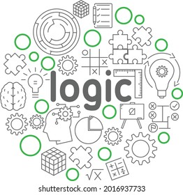 Circular vector logic poster, elements, small illustrations of science, logic, brain, bulb and maze