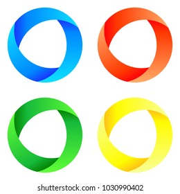 Circular vector logo in 4 colors: blue, red, green and yellow. Twisted colorful elements.
