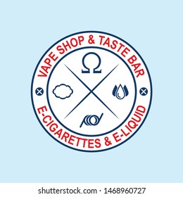 Circular vector logo or emblem of the vape shop and vape taste bar with e-cigarettes and e-liquids