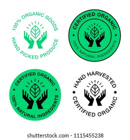 Circular vector logo. Hands holding a leaf symbol. Natural, organic, eco, farm, fresh, icon.