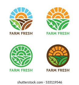 Circular vector logo. Sun rays over field and crops. Natural, organic, eco, farm, fresh, icon. svg