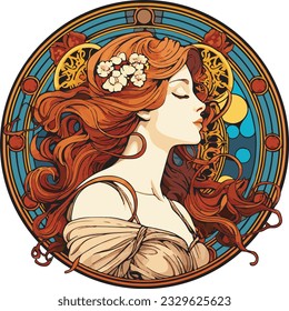 Circular vector portrait of a young woman with long red hair, floral motif with red and blue ring