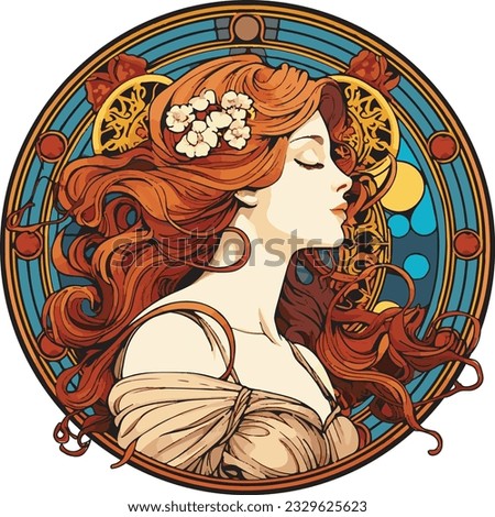 Circular vector portrait of a young woman with long red hair, floral motif with red and blue ring