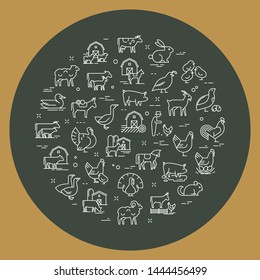 Circular vector set of farm animals that are great for illustrations, infographics, and logos of stores or other businesses. Icons isolated on dark rusty iron vector background.