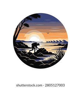Circular vector silhouette design of a traveler hiking on a rocky shore during a vibrant sunset with ocean waves, coastal plants, and a bright sun over the water horizon.