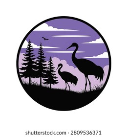 Circular vector silhouette featuring two cranes standing in a grassy meadow with coniferous pine trees and layered clouds under a purple gradient sky, isolated on a white background.