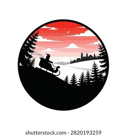 Circular vector silhouette of Santa Claus in a sleigh descending a snowy hill towards a winter village, framed by pine trees under a vibrant red sunset sky with moon.