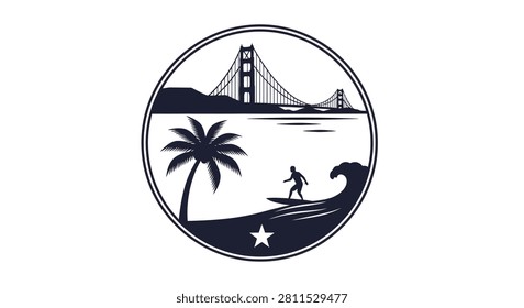 A circular vector style emblem featuring a surfer riding a wave near a palm tree with the Golden Gate Bridge in the background